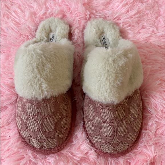 Coach Pink and Cream Fur Slippers - Picture 1 of 6